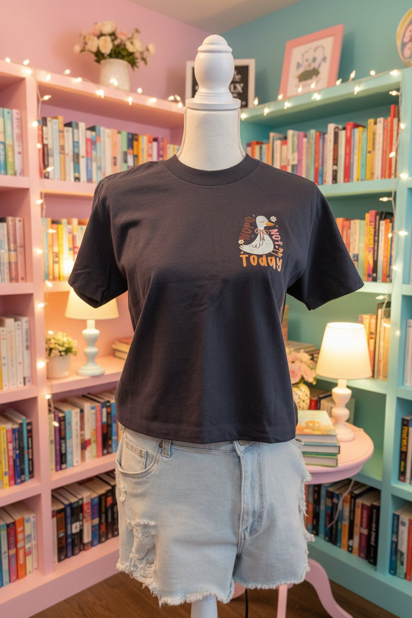 charcoal crop-style tee with left chest graphic of an unbothered goose and "nope not today" text