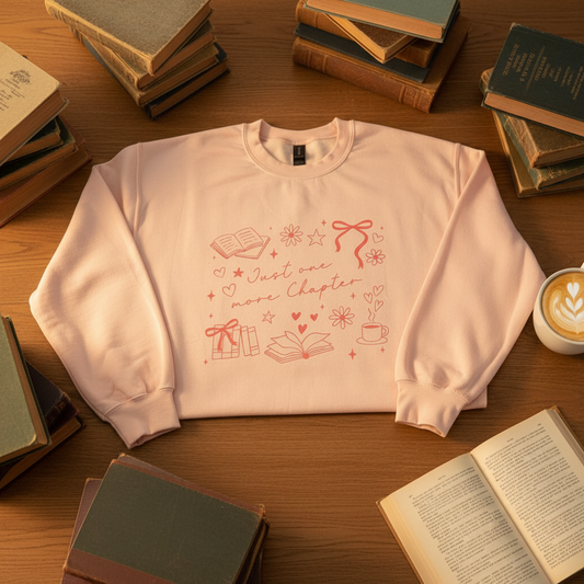 A light peach-pink crewneck sweatshirt featuring a red graphic print on the front with illustrations of books, hearts, bows, stars, and the text 'Just one more Chapters'.