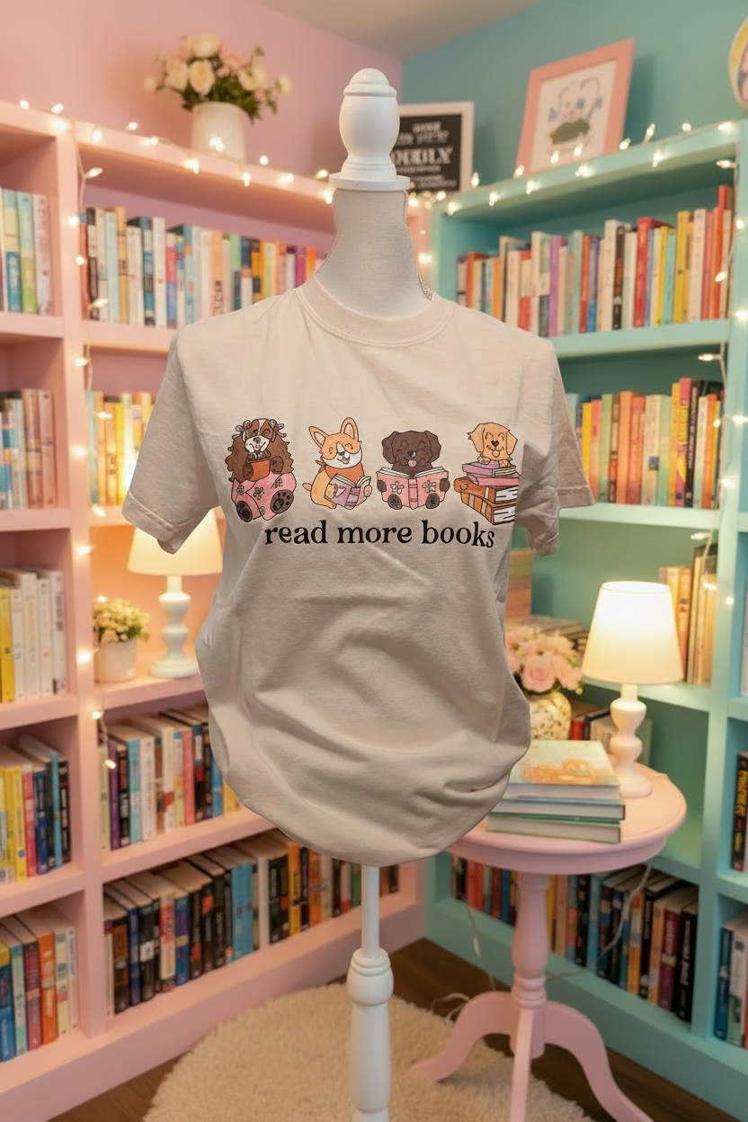 A cream colored graphic t-shirt displayed on a white mannequin torso in a cozy, colorful book-filled room. The t-shirt features an illustration of four cute cartoon dogs reading books with the text 'read more books' underneath.