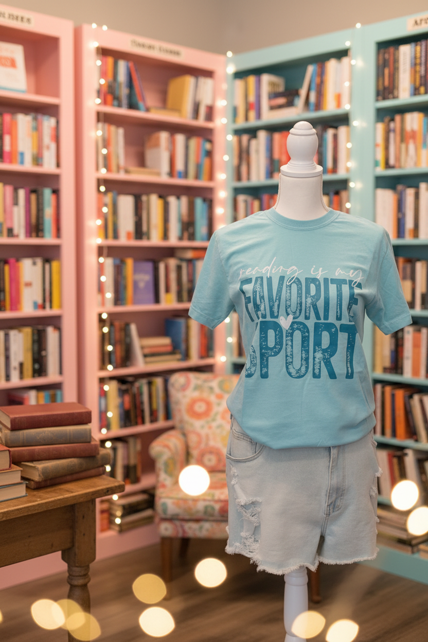 Reading is my Favorite Sport Tee - Bookstore Background